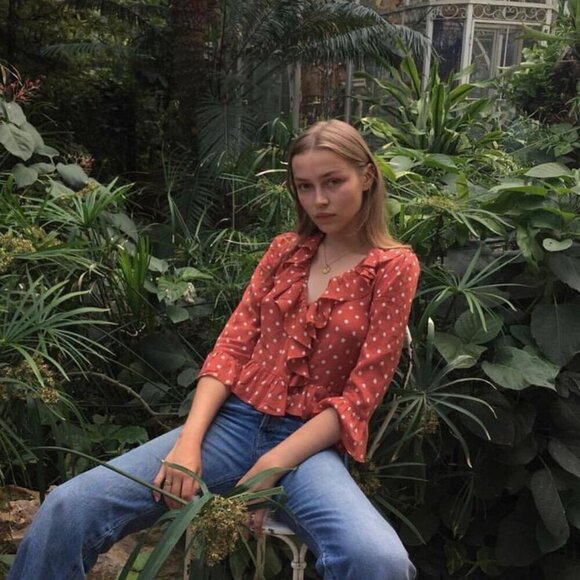 💕REALISATION PAR💕 Cher Top ~ 100% Silk Rust Spot Polka Dot Print Small - Picture 5 of 16